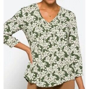 Fun2fun Olive Green & Cream Flowy Blouse Shirt Business Casual Floral S Pleated